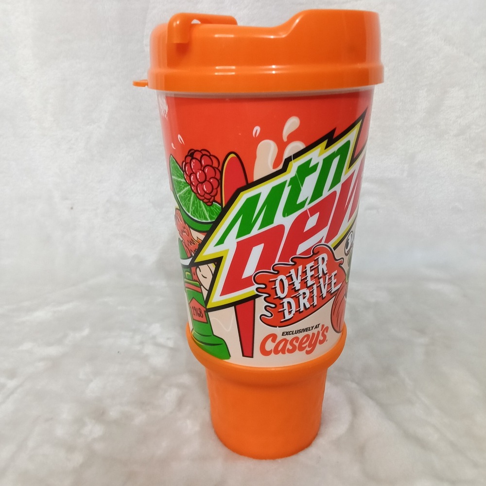 Mtn Dew Over Drive Casey's Exclusive Plastic Travel Mug Orange 9 Inch Cup